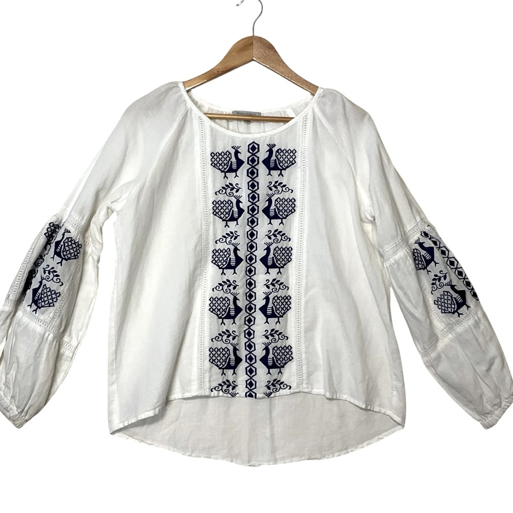 WORLD MARKET sz Small/ Medium Boho Blouse Peasant Embroidered Birds Cotton Linen